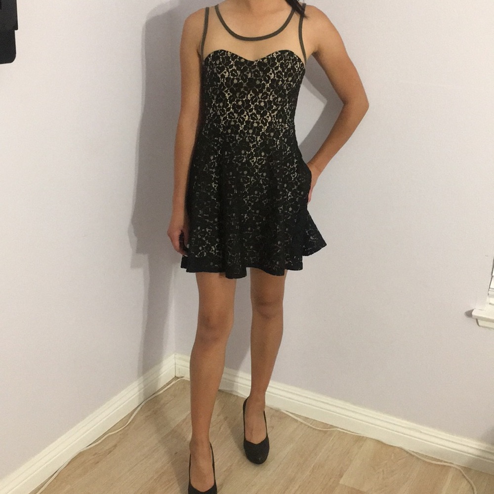 Black and Nude Lace Dress with Mesh